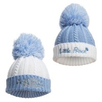 H684-B: Blue Cable Knit Hat w/Emb & Pom Pom (0-12 Months)
